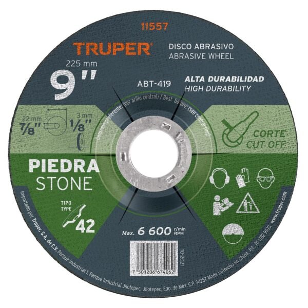 Disco Tipo 42 de 9 x 3.2 mm para corte de piedra Truper 11557