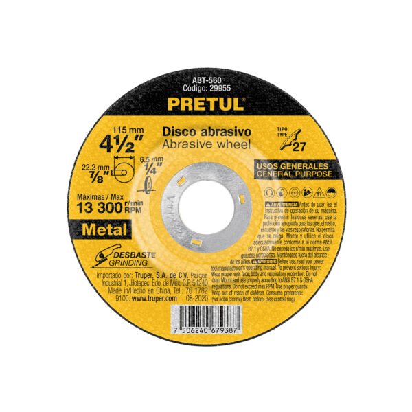Disco Tipo 27 de 4-1/2 x 6.2 mm desbaste de metal Pretul 29955