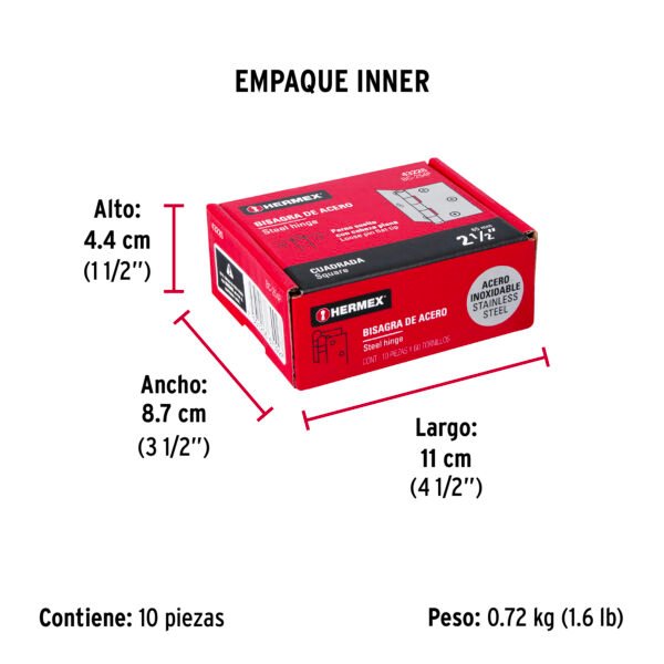 Bisagra cuadrada 2-1/2 acero inox cabeza plana HERMEX 43226