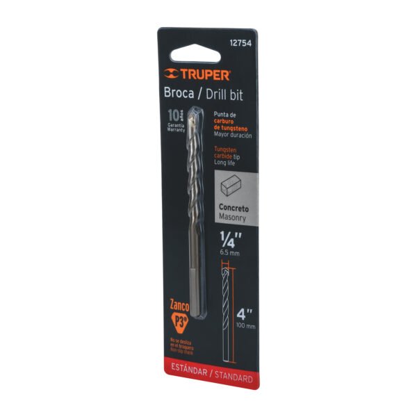 Broca para concreto de 1/4 x 4 en blíster TRUPER 12754