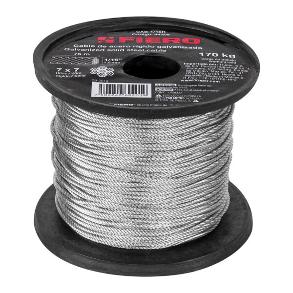 Metro de cable rígido 1/16 de acero 7x7 hilos 75 m Fiero 44208