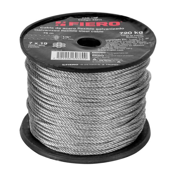 Metro de cable flexible 1/8 de acero 7x19 hilos 75 m 44211