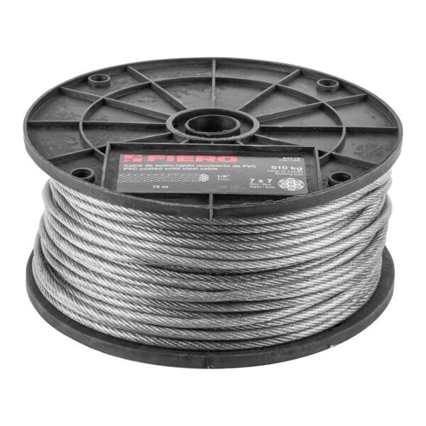 Metro de cable rígido 1/8 acero 7x7 recubierto PVC 75 m 44219