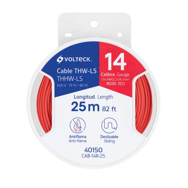 Carrete con 25 m de cable THHW-LS 14 AWG rojo Volteck 40150