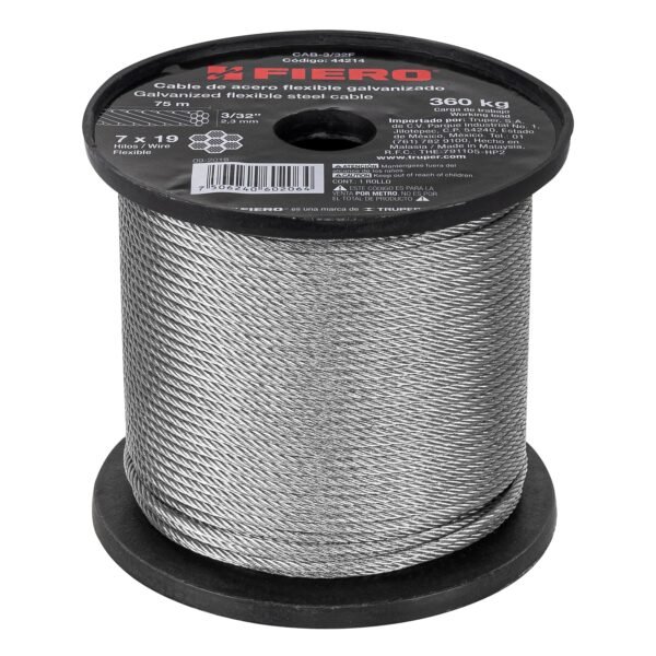 Metro de cable flexible 3/32 de acero 7x19 hilos 75 m 44214