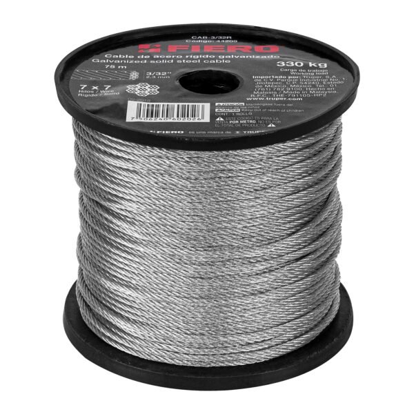Metro de cable rígido 3/32 de acero 7x7 hilos 75 m Fiero 44209