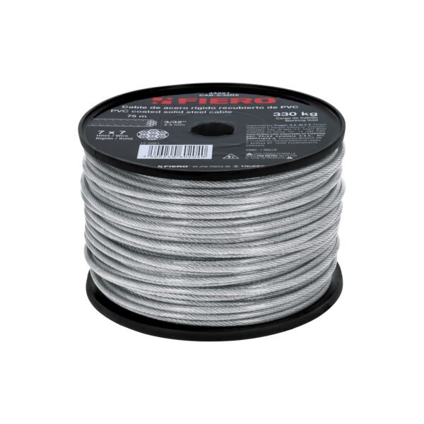 Metro de cable rígido 3/32 acero 7x7 recubierto PVC 75 m 44221