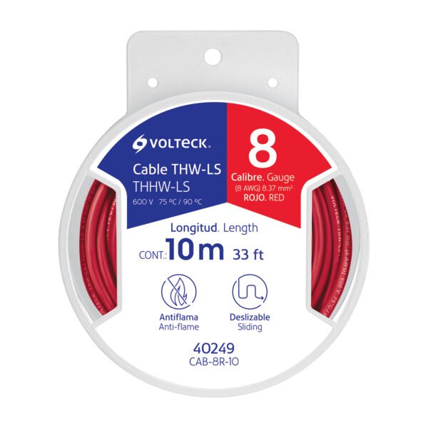 Carrete con 10 m de cable THHW-LS 8 AWG rojo Volteck 40249