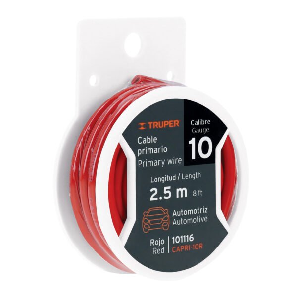 Carrete con 2.5 m de cable primario rojo calibre 10 Truper 101116