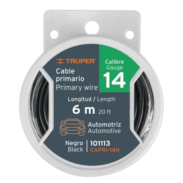 Carrete con 6 m de cable primario negro calibre 14 Truper 101113