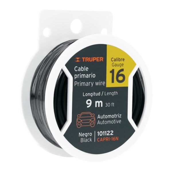 Carrete con 9 m de cable primario negro calibre 16 Truper 101122