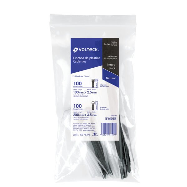 Bolsa con 200 cinchos plásticos negros y naturales Volteck 44018
