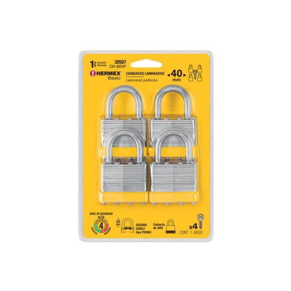 Juego de 4 candados cuerpo laminado 40 mm HERMEX BASIC 20507
