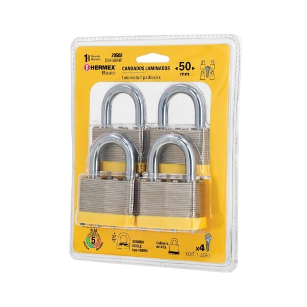 Juego de 4 candados cuerpo laminado 50 mm HERMEX BASIC 20508