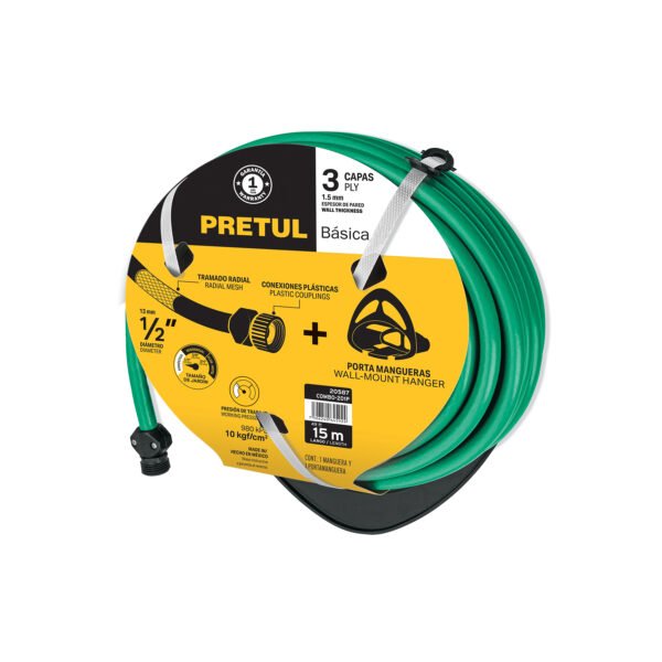 Combo manguera MAN-15X1/2P y portamanguera negro Pretul 20587