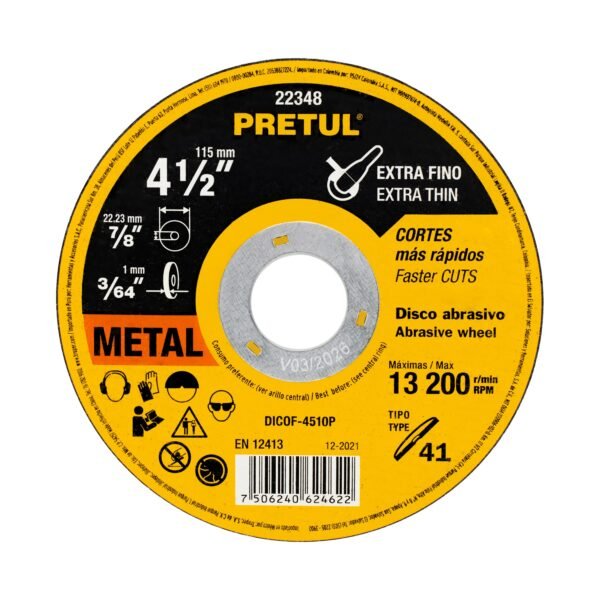 Disco Tipo 41 de 4-1/2 x 1 mm corte fino de metal Pretul 22348