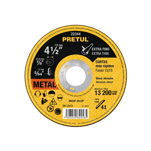 Disco Tipo 41 de 4-1/2 x 1.2 mm corte fino de metal Pretul 22344