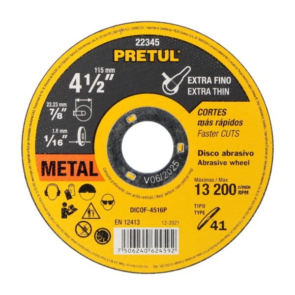 Disco Tipo 41 de 4-1/2 x 1.6 mm corte fino de metal Pretul 22345