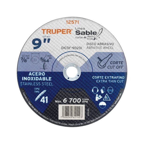 Disco Tipo 41 de 9 x 2 mm corte fino acero inox Sable 12571
