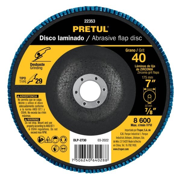 Disco laminado 7 grano 40 centro 7/8 fibra PRETUL 22353
