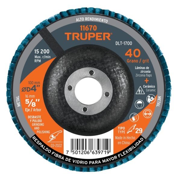 Disco laminado 4 grano 40 centro 5/8 fibra TRUPER 11670