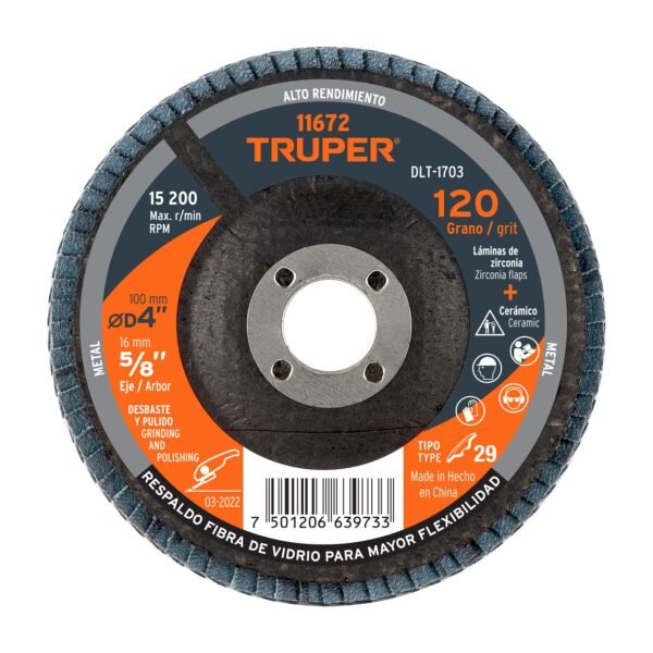 Disco laminado 4 grano 120 centro 5/8 fibra TRUPER 11672