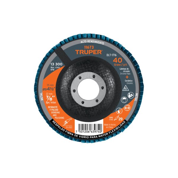Disco laminado 4-1/2 grano 40 centro 7/8 fibra TRUPER 11673