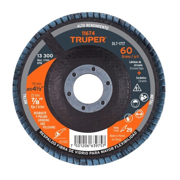 Disco laminado 4-1/2 grano 60 centro 7/8 fibra TRUPER 11674