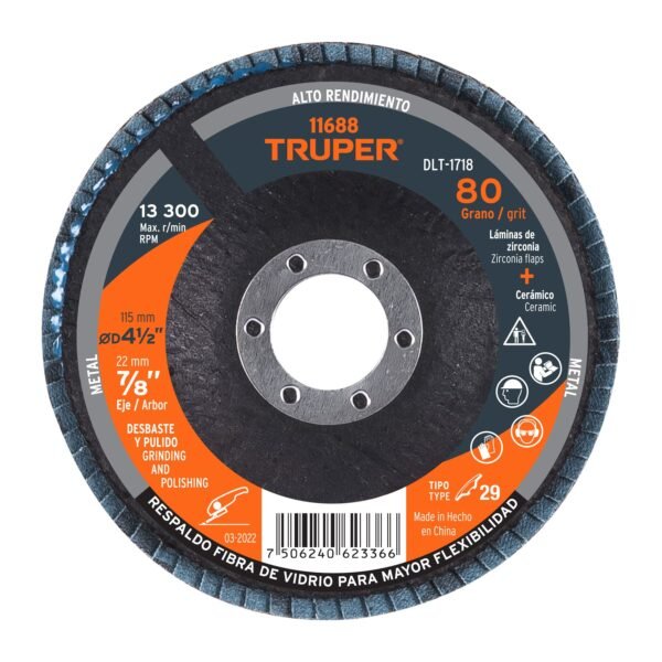 Disco laminado 4-1/2 grano 80 centro 7/8 fibra TRUPER 11688