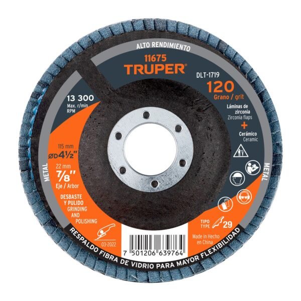 Disco laminado 4-1/2 grano 120 centro 7/8 fibra TRUPER 11675