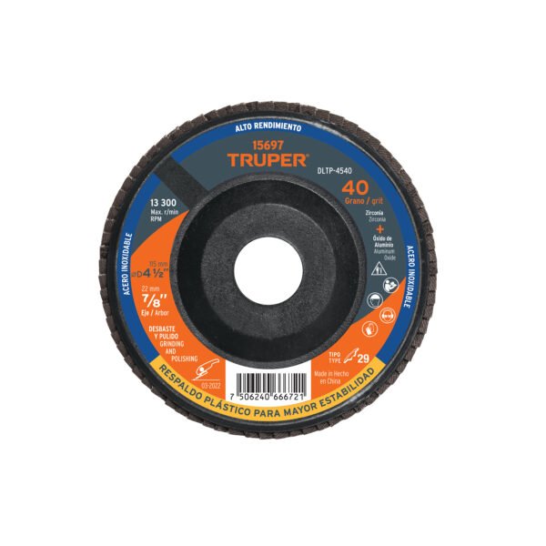 Disco laminado 4-1/2 grano 40 centro 7/8 plástico TRUPER 15697