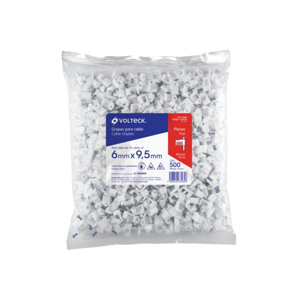 Bolsa con 500 grapas blancas de 6 x 9.5 mm para cable plano 43046
