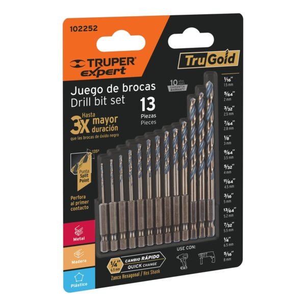 Juego de 13 brocas HSS p/metal zanco cambio rÃ¡pido Expert 102252