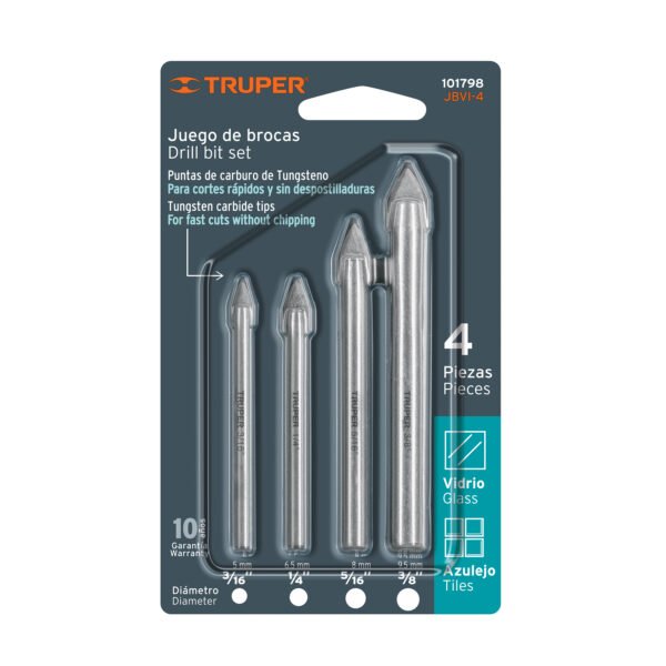 Juego de 4 brocas para vidrio y azulejo Truper 101798