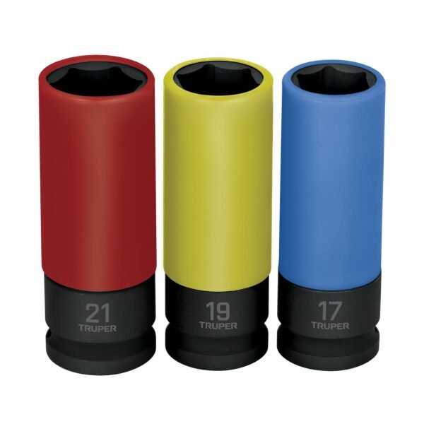 Juego 3 dados largos 1/2 impacto protección plástica 6p mm 100942