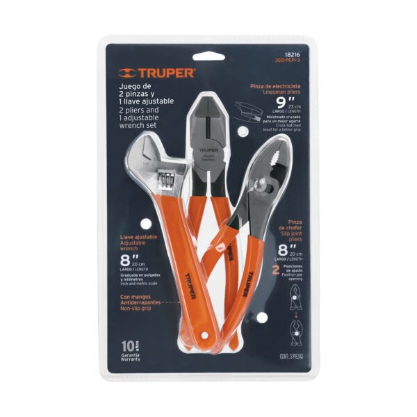 Juego con 2 pinzas y 1 llave ajustable mango de PVC Truper 18216