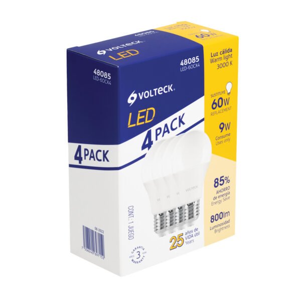 Pack de 4 lámparas LED A19 9 W (equiv. 60 W) luz cálida 48085
