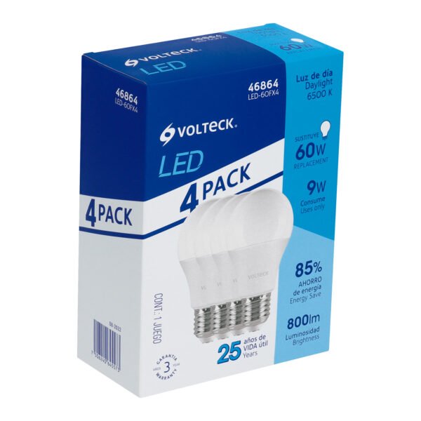 Pack de 4 lámparas LED A19 9 W (equiv. 60 W) luz de día 46864