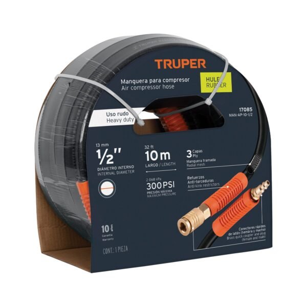 Manguera para compresor de hule 10m x 1/2 Truper 17085