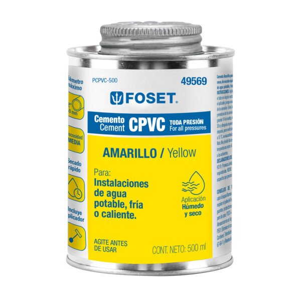 Cemento p/CPVC amarillo toda presión lata 500ml FOSET 49569