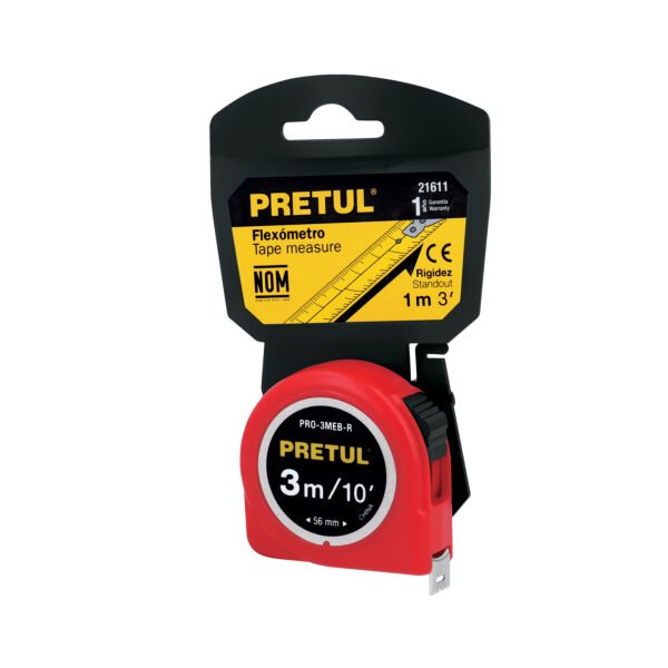 Flexómetro rojo 3 m cinta 13 mm en tarjeta PRETUL 21611