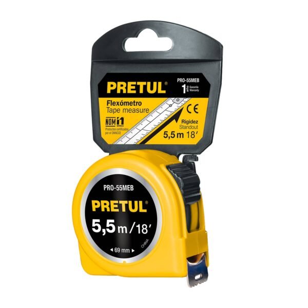 Flexómetro amarillo 5.5 m cinta 25 mm en tarjeta PRETUL 28022
