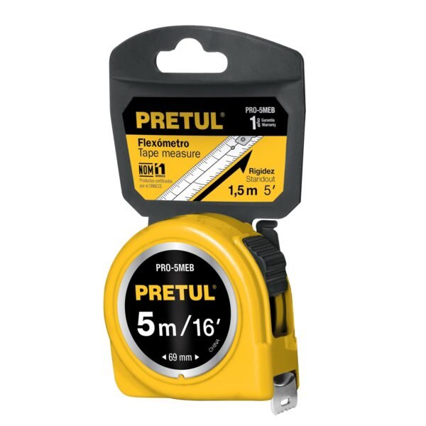 Flexómetro amarillo 5 m cinta 19 mm en tarjeta PRETUL 21606