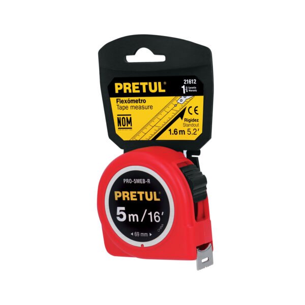 Flexómetro rojo 5 m cinta 19 mm en tarjeta PRETUL 21612