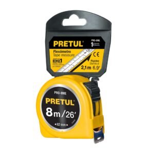 Flexómetro amarillo 8 m cinta 25 mm en tarjeta PRETUL 21603