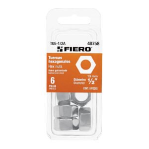 TUE-1-2A.jpg Blíster con 6 tuercas 1/2 hex de acero galvanizado Fiero 40758