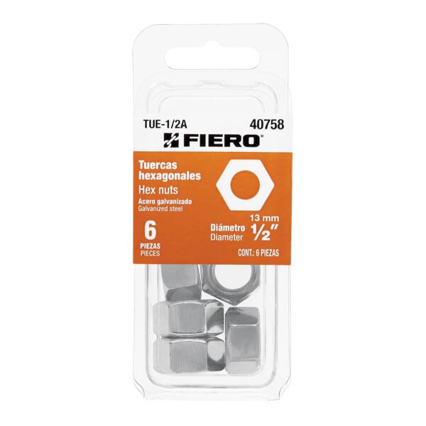 Blíster con 6 tuercas 1/2 hex de acero galvanizado Fiero 40758
